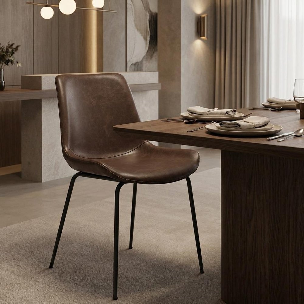 Set of Two Brown And Black Upholstered Faux Leather Dining Side Chairs