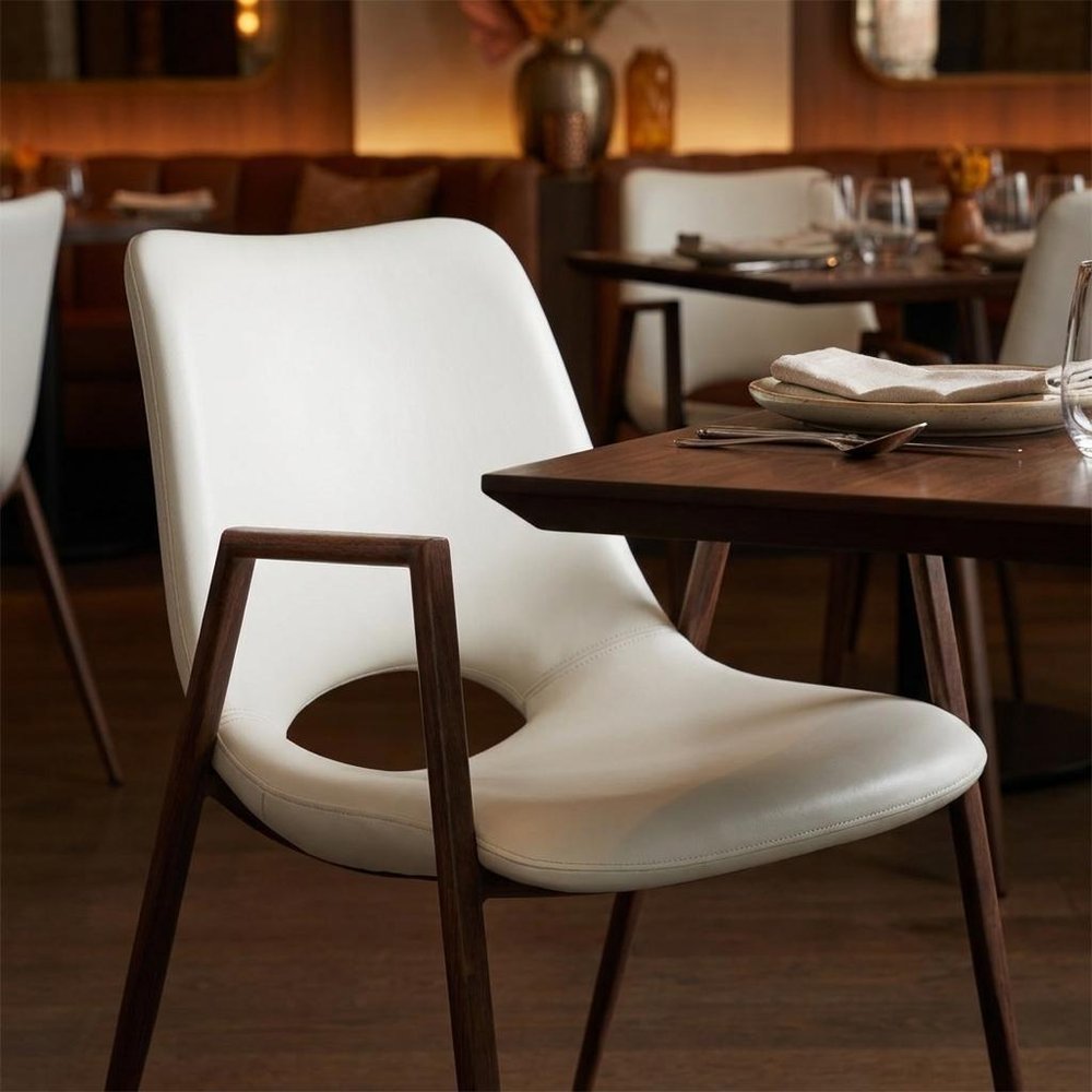 Set of Two White and Brown Upholstered Faux Leather Open Back Dining Arm Chairs