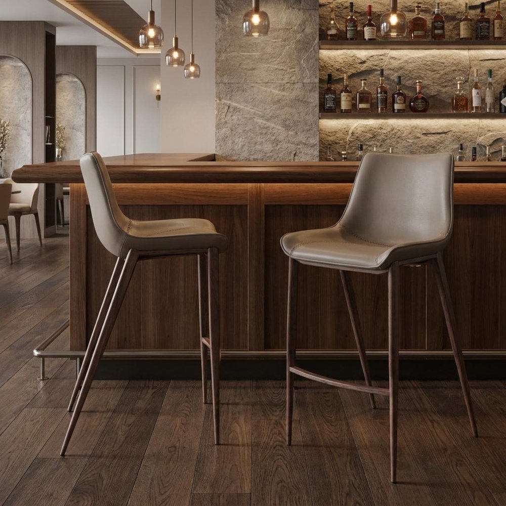 Set of Two 30" Gray And Brown Faux Leather And Steel Low Back Bar Height Bar Chairs