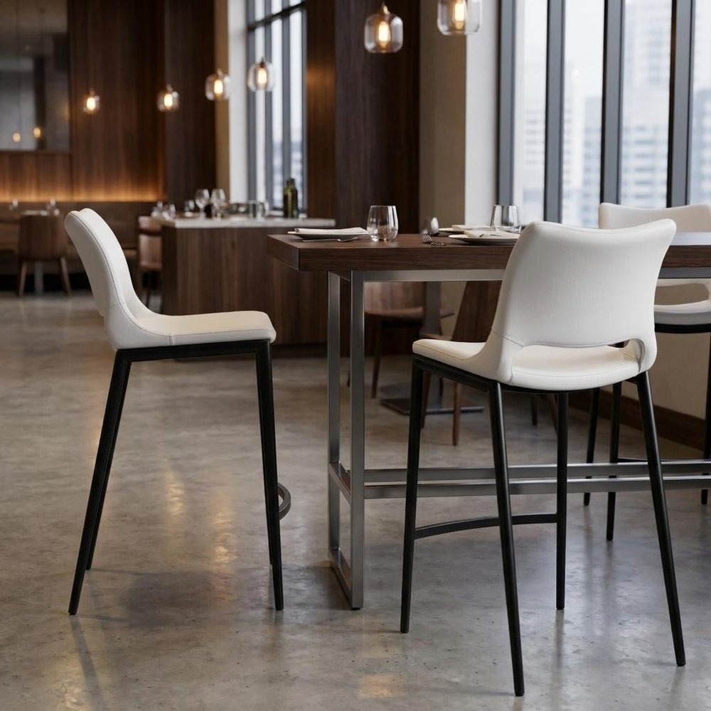 Set of Two 25" White And Silver Faux Leather And Steel Low Back Counter Height Bar Chairs