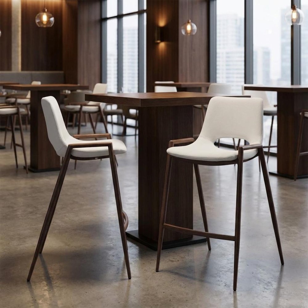 Set of Two 26" Beige And Brown Faux Leather And Steel Low Back Counter Height Bar Chairs