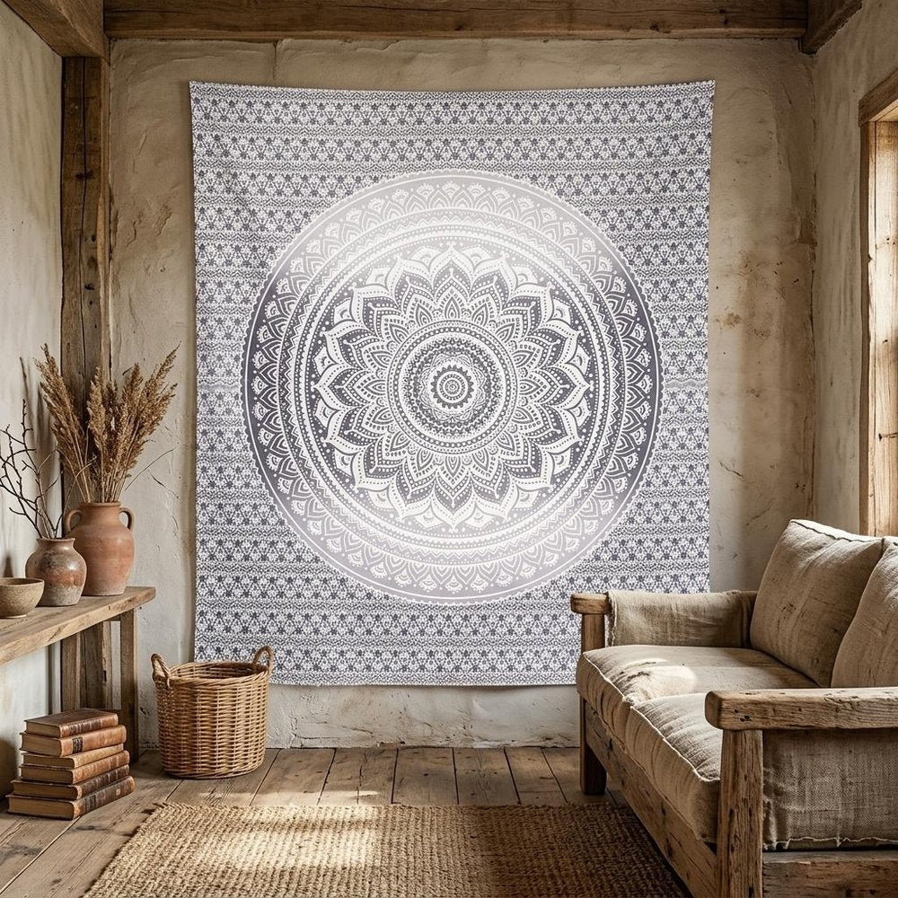 92" X 84" Gray And White Mandala Cotton Hanging Tapestry