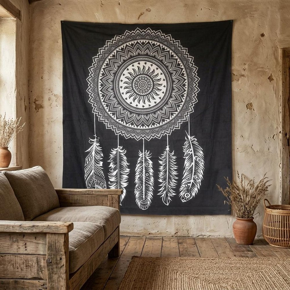 92" X 84" Black And White Abstract Cotton Hanging Tapestry