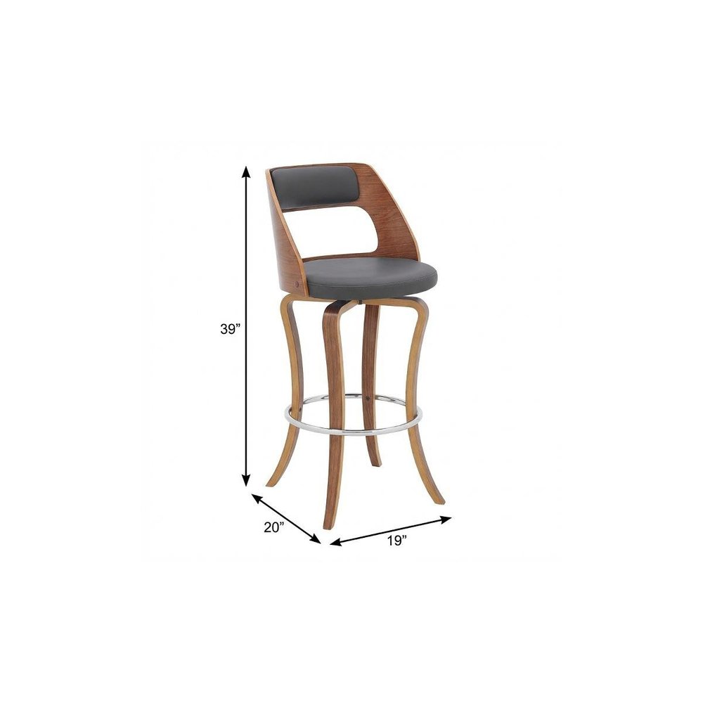 29" Gray And Brown Faux Leather And Fabric And Wood Bar Height Swivel Bar Chair