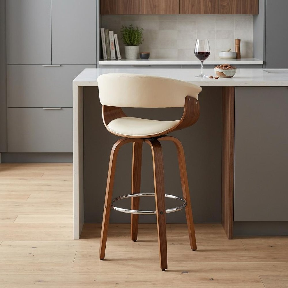 27" Cream And Brown Faux Leather And Fabric And Solid Wood Low Back Counter Height Swivel Bar Chair