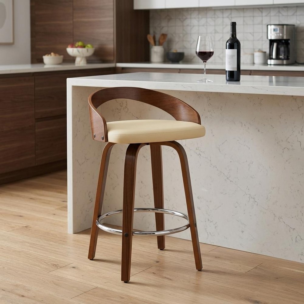 26" Cream And Brown Faux Leather And Fabric And Solid Wood Low Back Counter Height Swivel Bar Chair