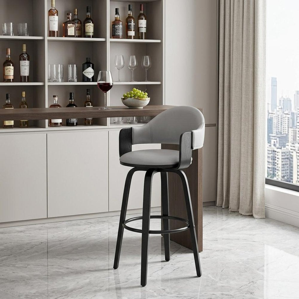 30" Gray And Black Fabric And Iron Low Back Bar Height Swivel Bar Chair