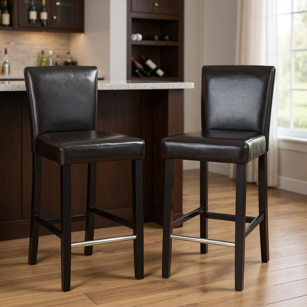 Set of Two 28" Brown And Black Faux Leather And Faux Leather And Steel Bar Height Bar Chairs