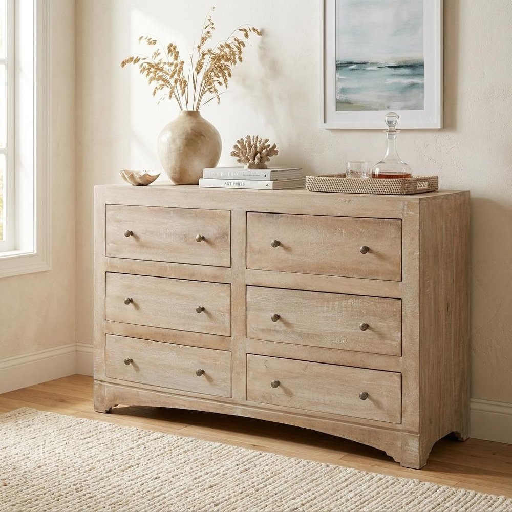 60" Brown Solid Wood Six Drawer Double Dresser