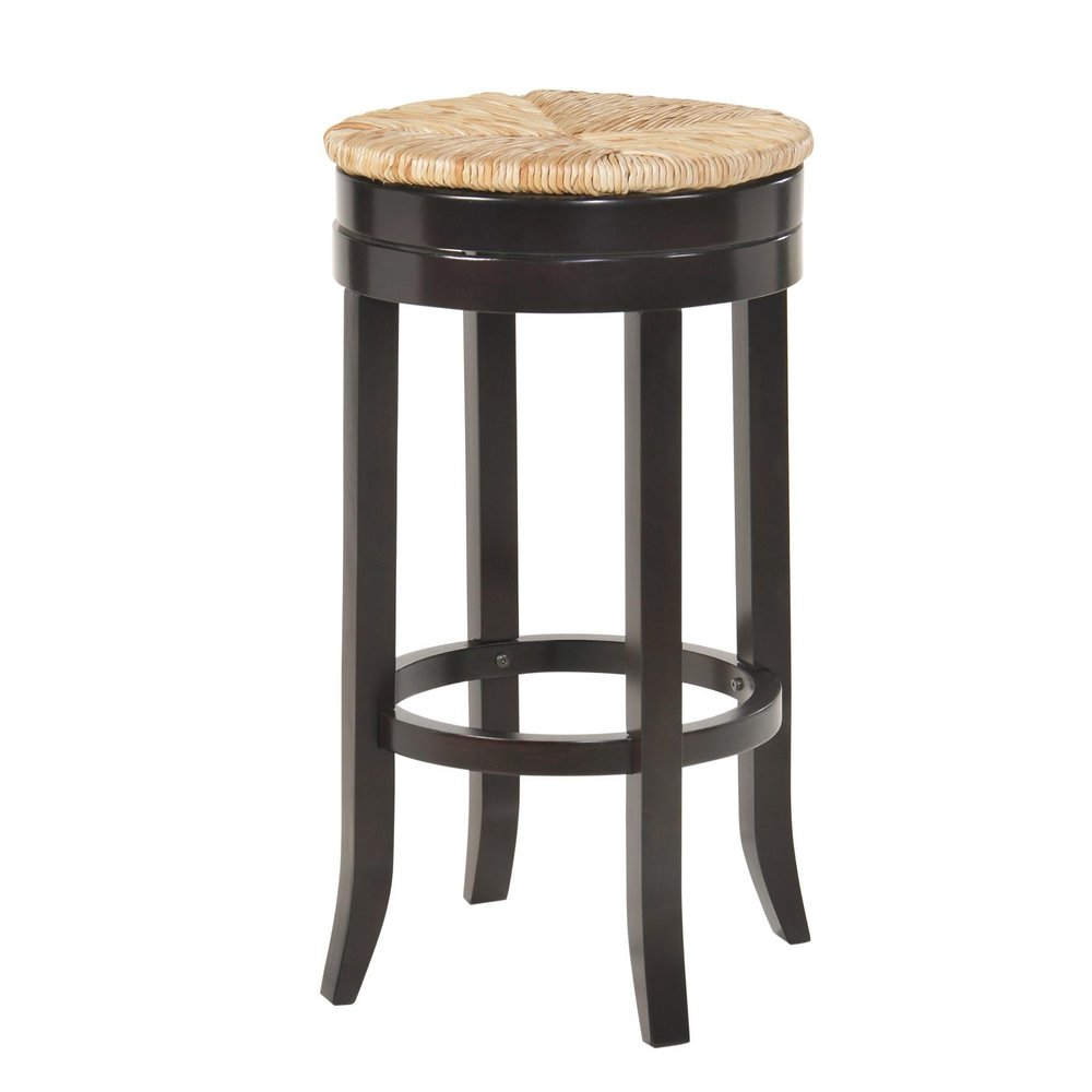 30" Natural And Espresso Rush And Solid Wood Backless Bar Height Swivel Bar Chair