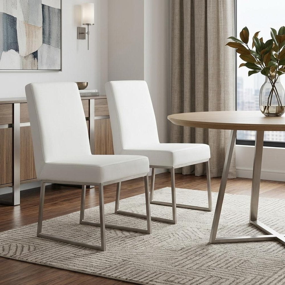 Set of Two White And Silver Faux Leather And Stainless Steel Dining Side Chairs