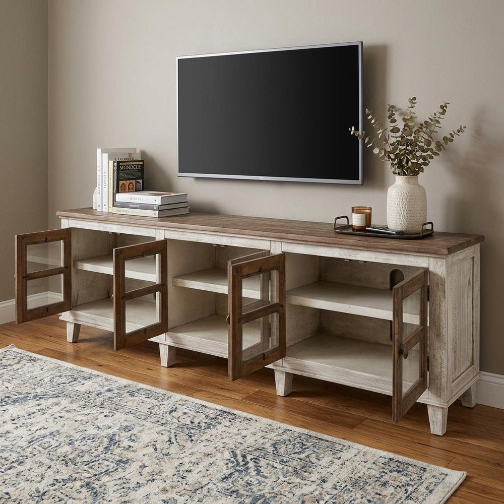 93" Brown And Gray Distressed Solid Wood Enclosed Storage TV Stand