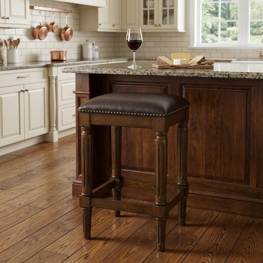 27" Brown And Dark Brown Fabric And Solid Wood Backless Counter Height Bar Chair