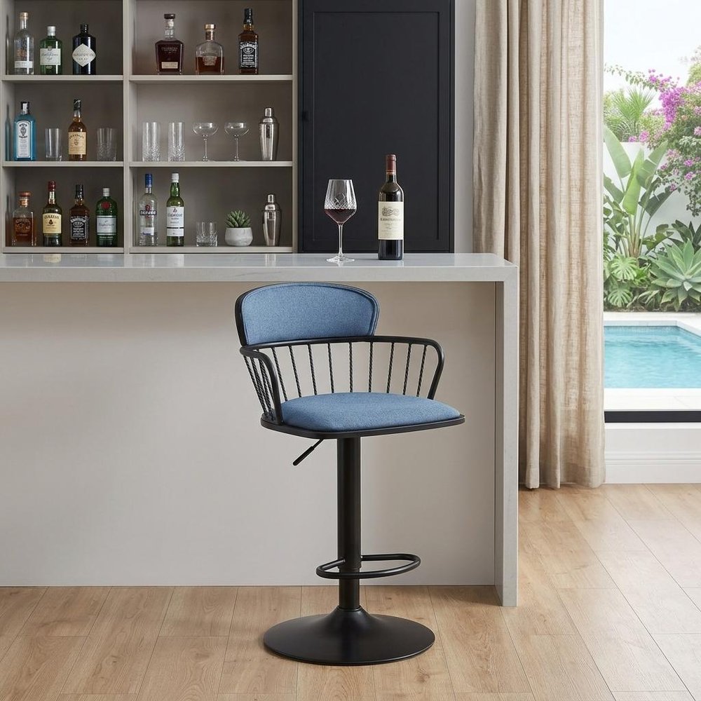 Blue And Black Fabric And Metal Low Back Adjustable Height Swivel Bar Chair