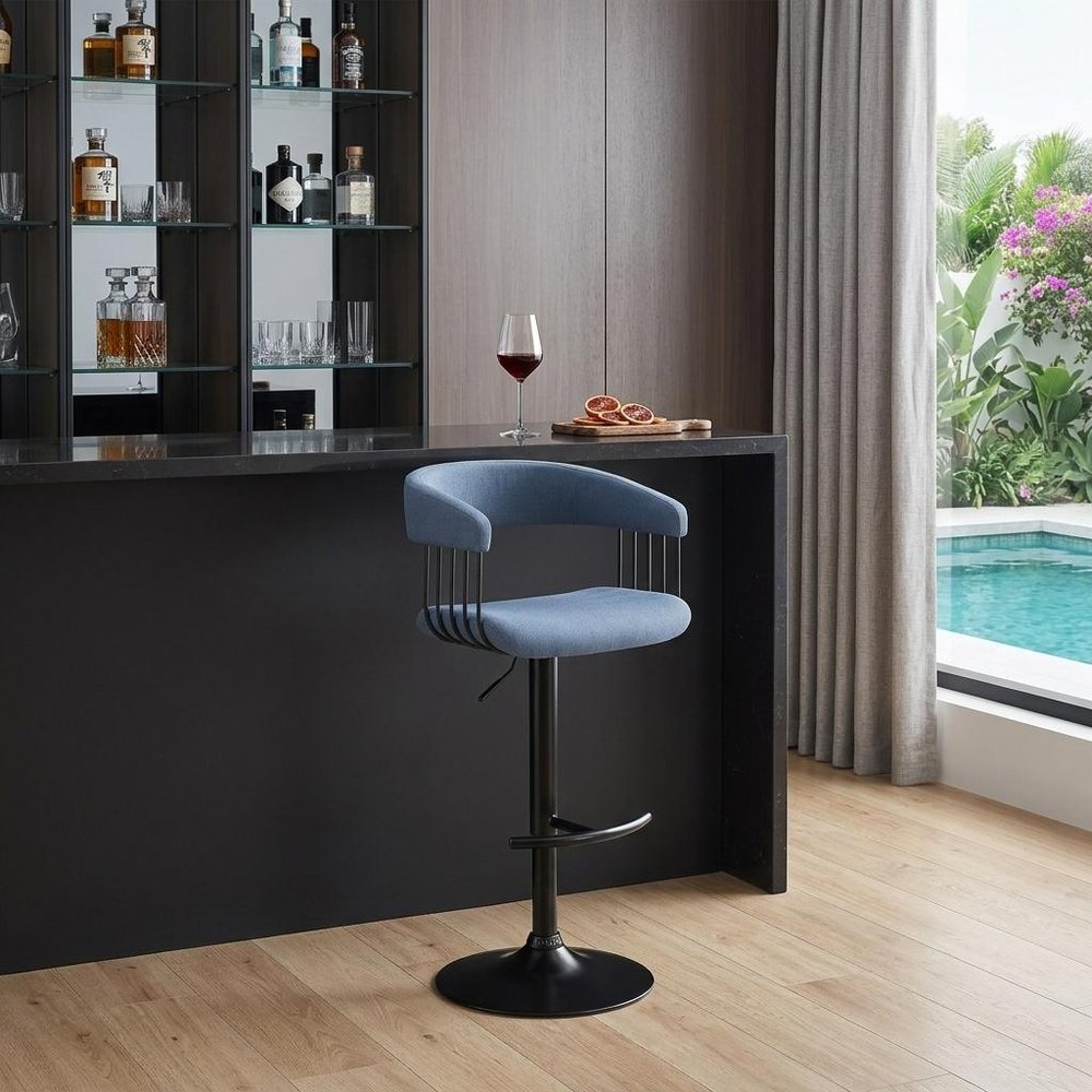 Blue And Black Fabric And Metal Adjustable Height Swivel Bar Chair