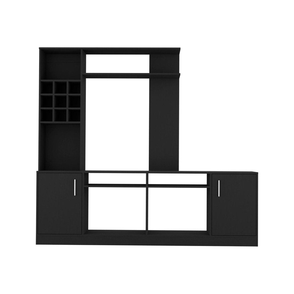 78" Black Wood Enclosed and Open Storage Entertainment Center with Bookcase