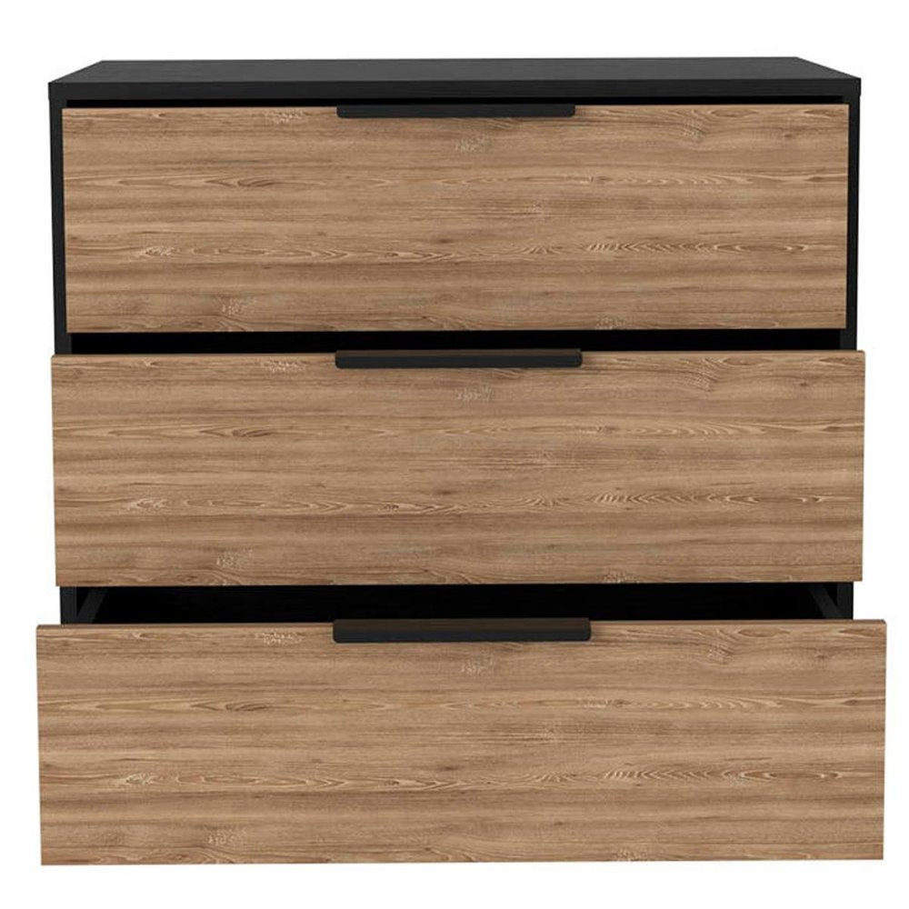 28" Natural And Black Wood Three Drawer Dresser