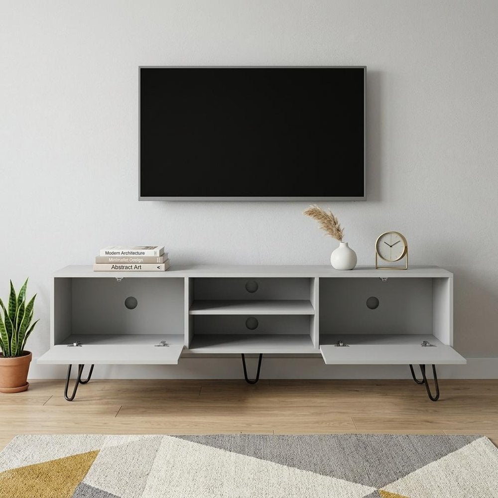 71" White Cabinet Open And Enclosed Storage TV Stand