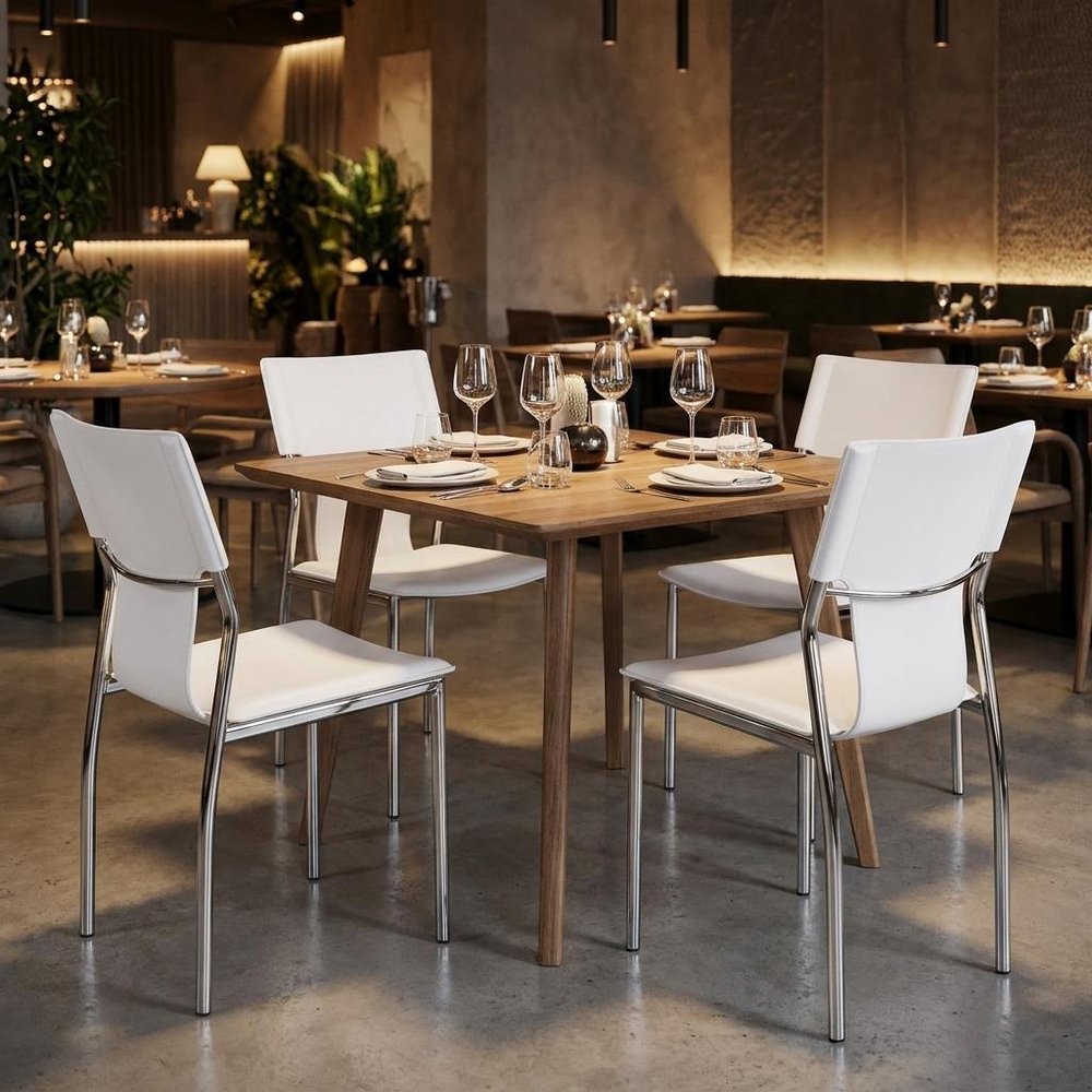 Set of Four White and Silver Metal and Leather Dining Side Chairs