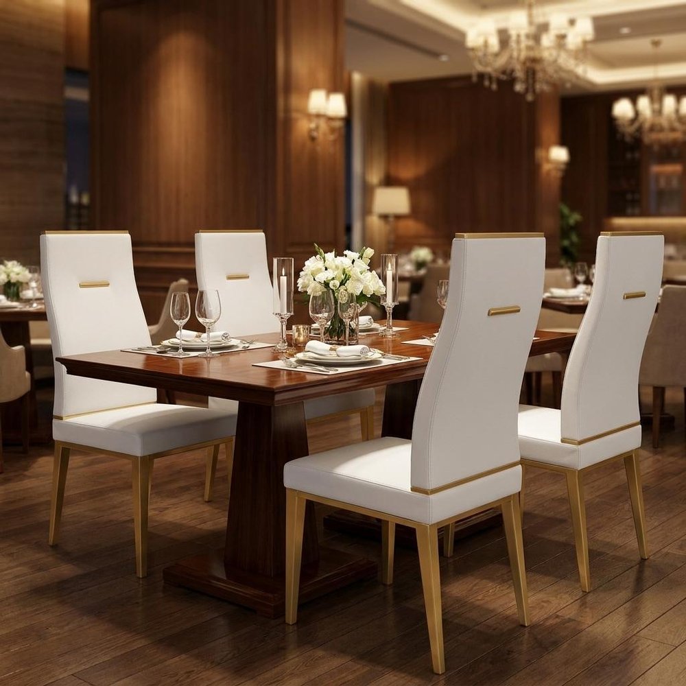 Set of Four White And Gold Faux Leather And Stainless Steel Dining Side Chairs