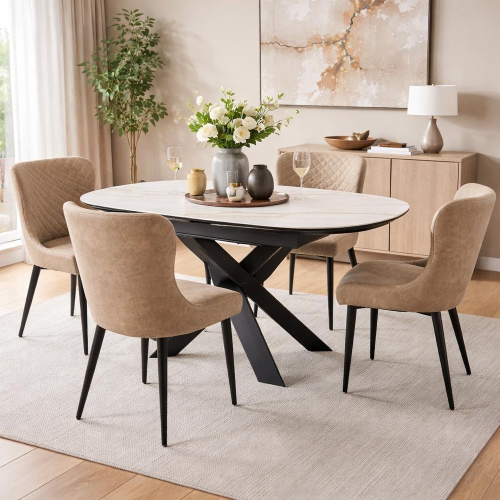 Set of Four Taupe And Black Tufted Faux Leather And Metal Geometric Print Dining Arm Chairs