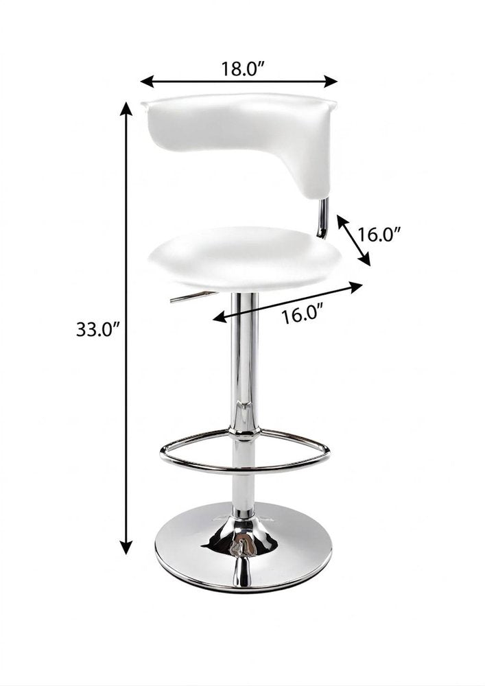 White And Silver Faux Leather And Metal Low Back Adjustable Height Bar Chair