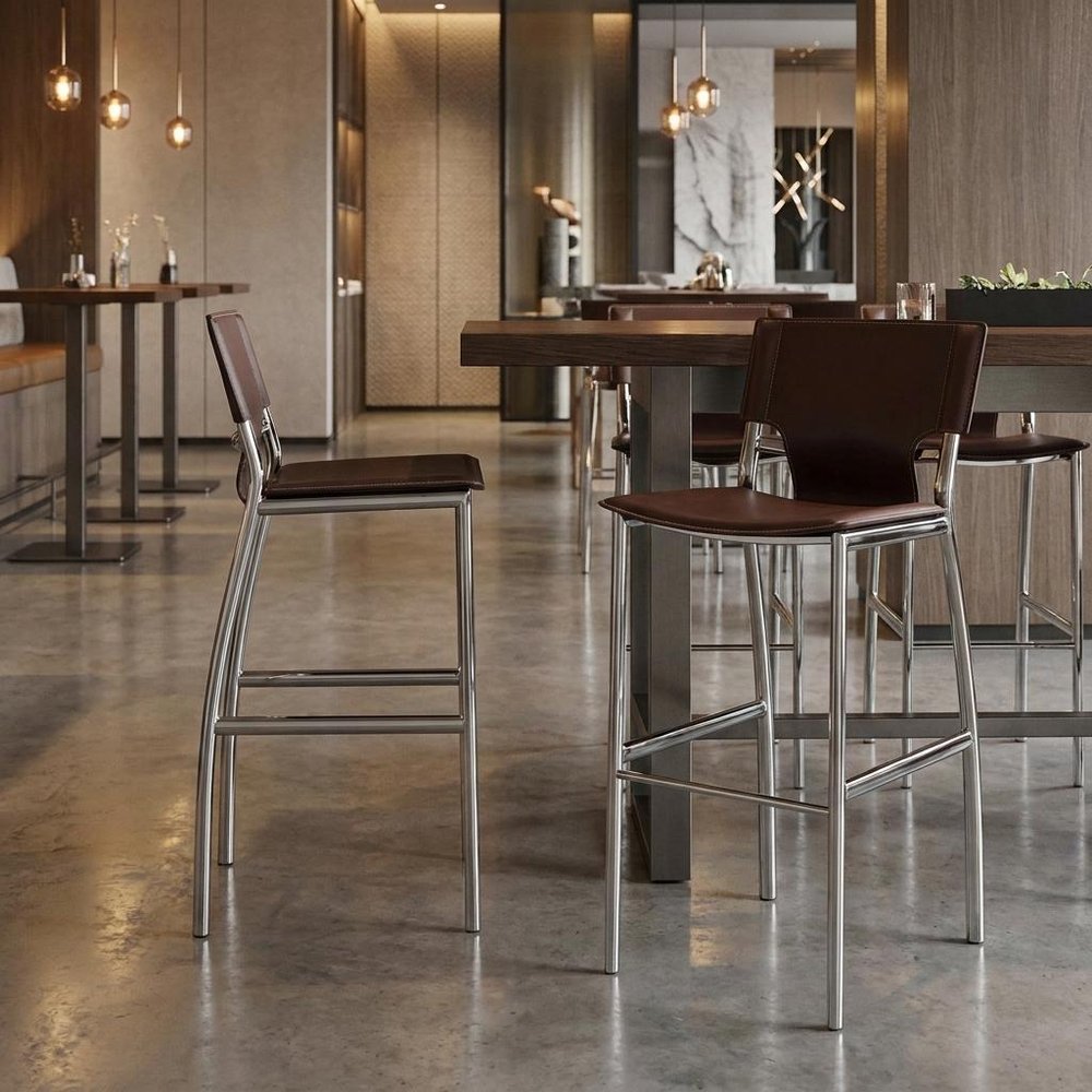 Set of Two 25" Brown And Silver Faux Leather And Metal Low Back Counter Height Bar Chairs