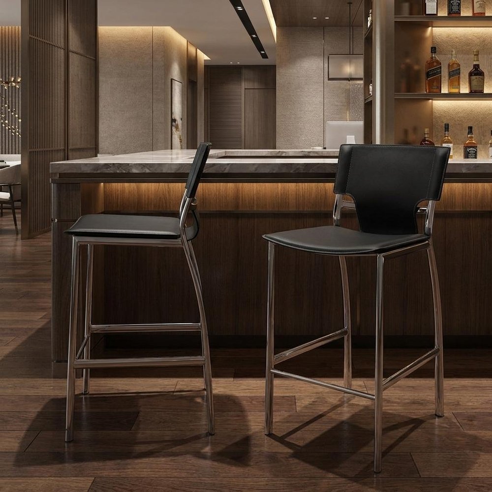 Set of Two 29" Black And Silver Faux Leather And Metal Low Back Bar Height Bar Chairs