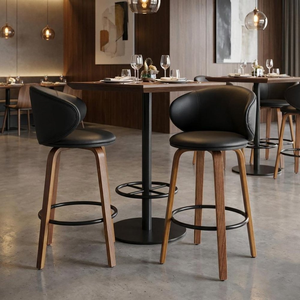 Set of Two 26" Black And Brown Faux Leather And Solid Wood Low Back Counter Height Bar Chairs