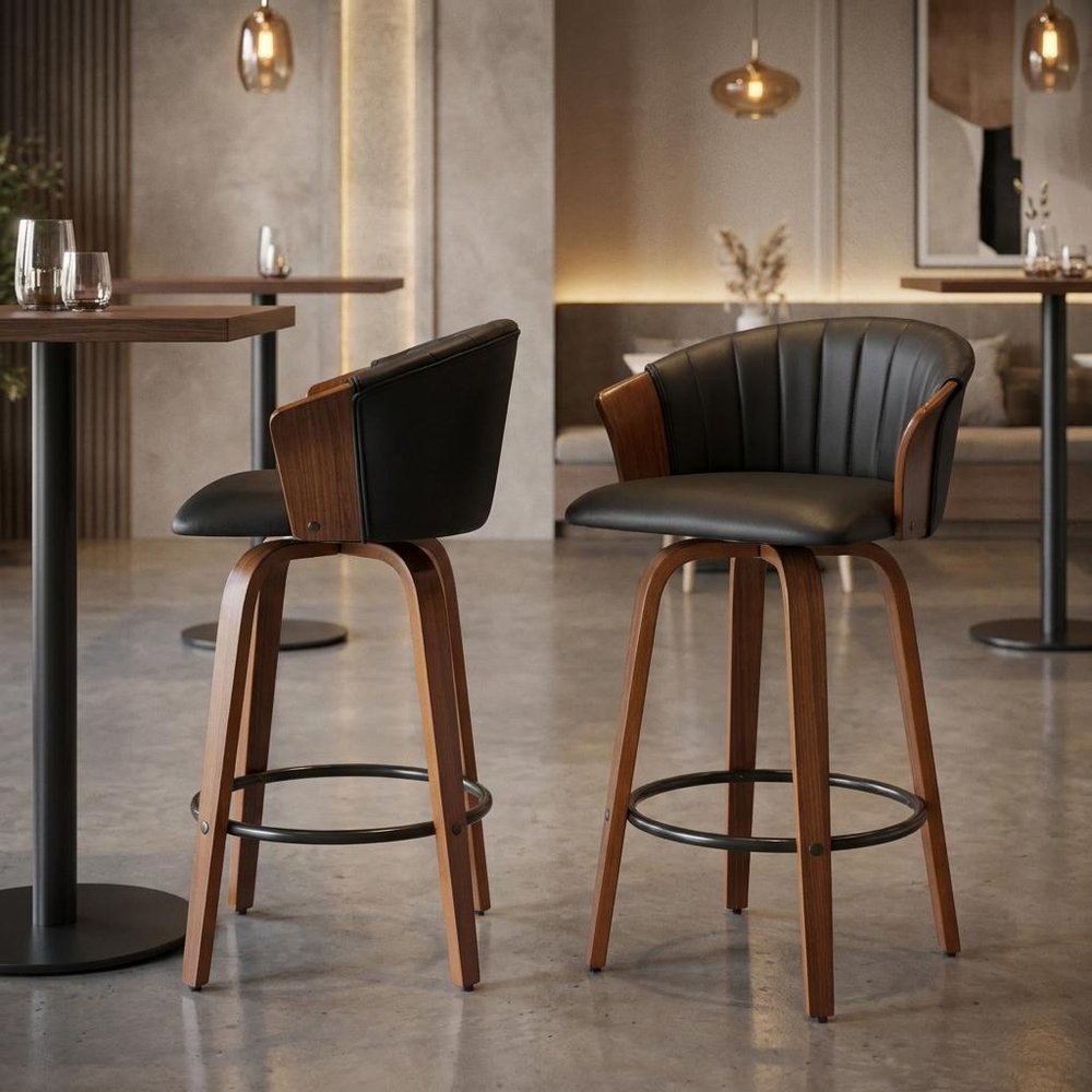 Set of Two 26" Black And Brown Faux Leather And Solid Wood Low Back Counter Height Bar Chairs
