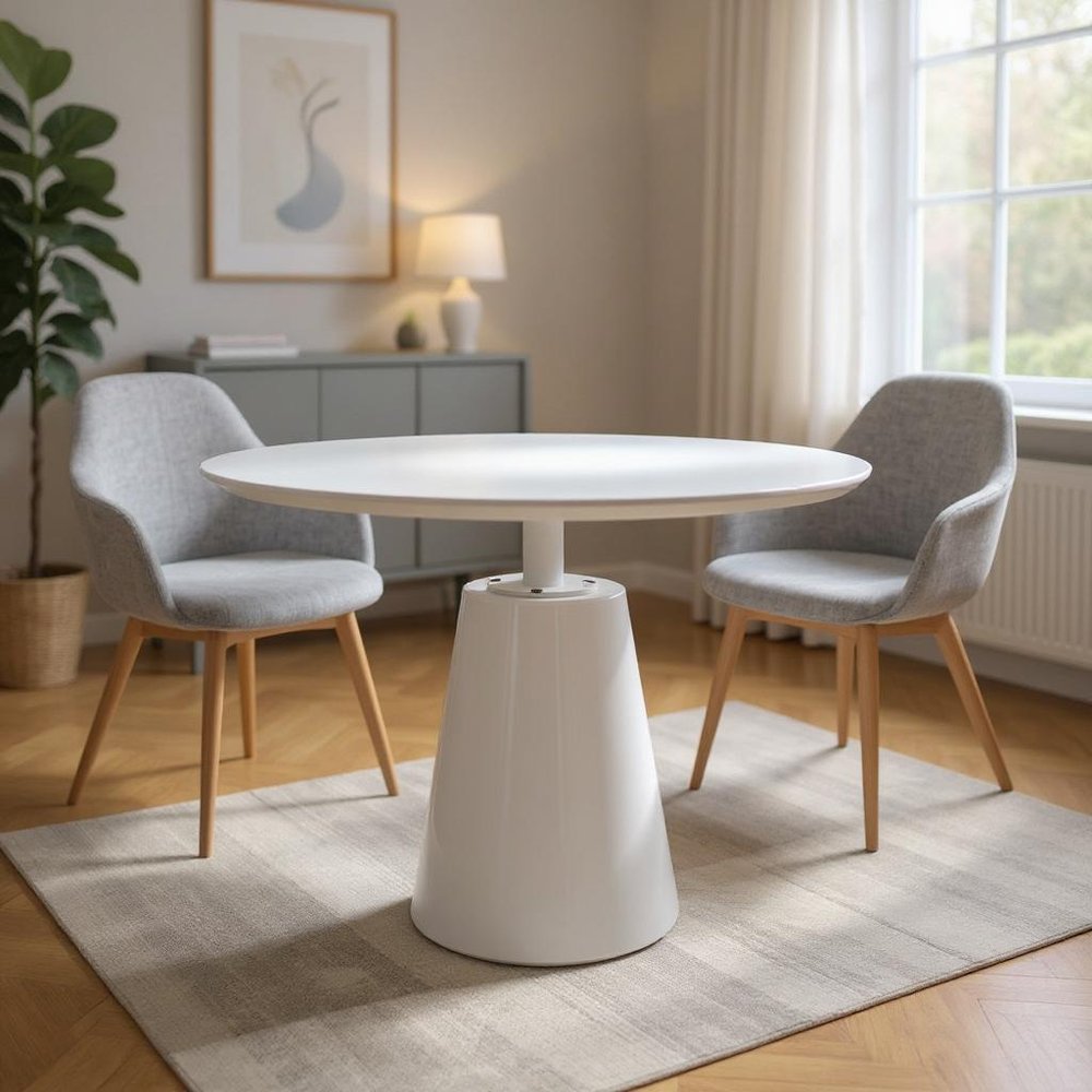 36" White Wood and Metal Pedestal Base Round Top Dining Table