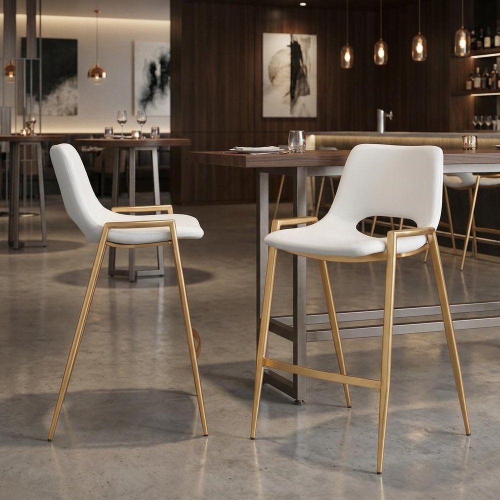 Set of Two 26" White And Gold Faux Leather And Fabric And Steel Low Back Counter Height Bar Chairs