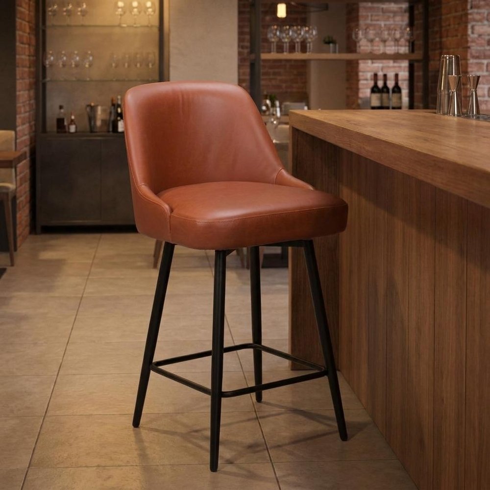 26" Brown And Black Faux Leather And Fabric And Steel Counter Height Swivel Bar Chair