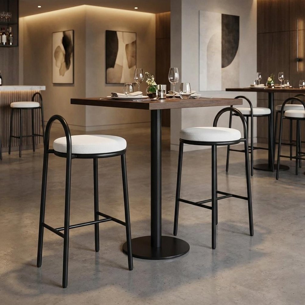 Set of Two 26" Beige And Black Chenille And Steel Low Back Counter Height Bar Chairs