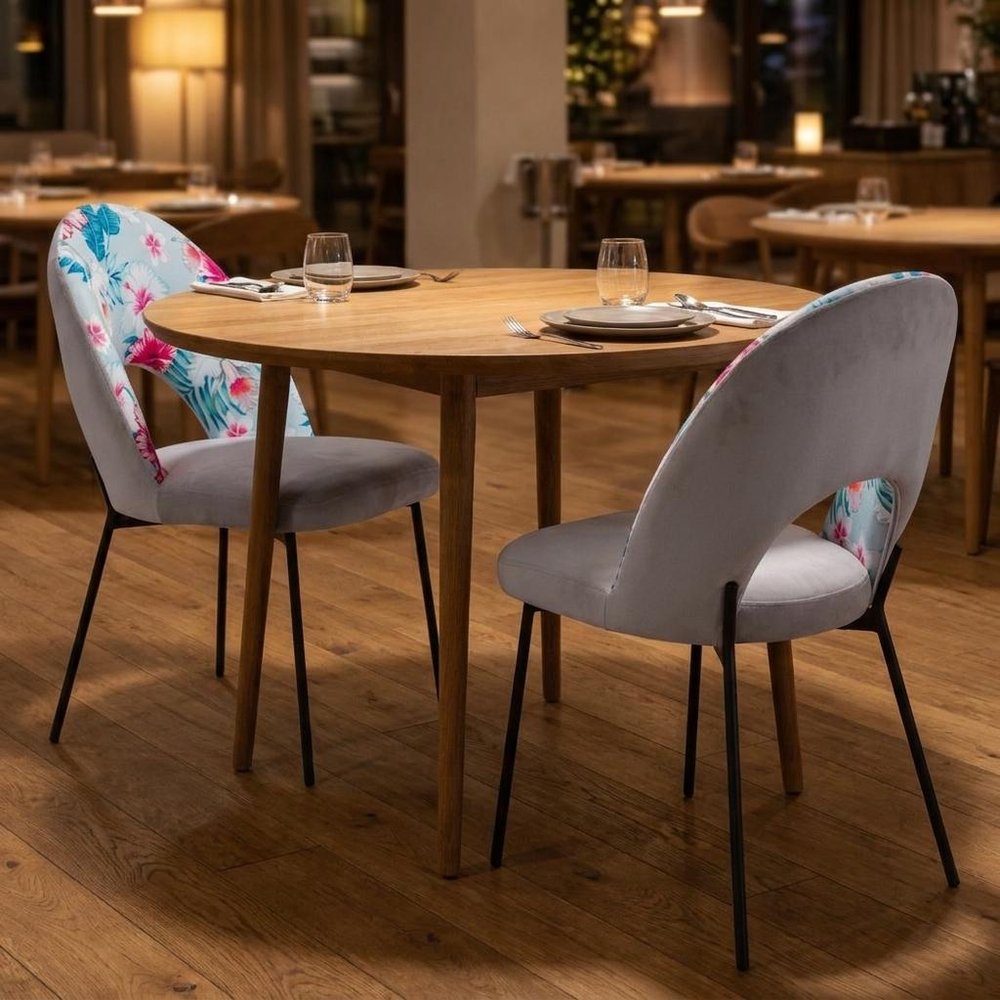 Set of Two Gray and Black Velvet And Steel Velvet And Steel Tropical Floral Dining Side Chairs