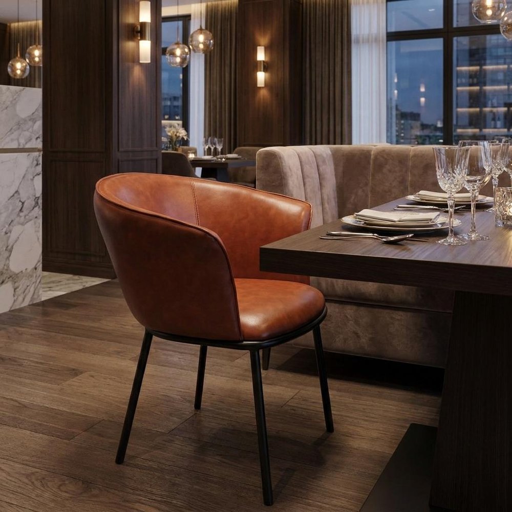 Brown and Black Upholstered Faux Leather Dining Arm Chair