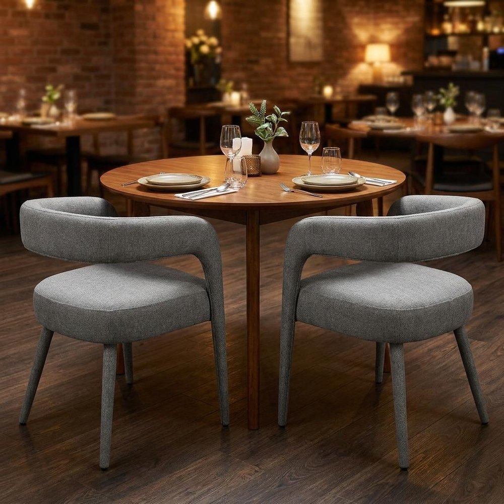 Set of Two Dark Gray Upholstered Linen Open Back Dining Side Chairs
