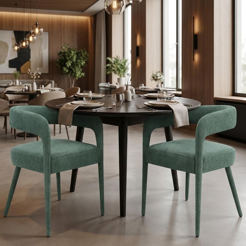 Set of Two Green Upholstered Linen Open Back Dining Side Chairs