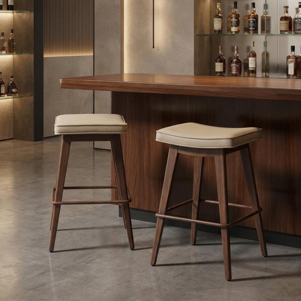 Set of Two 27" Beige And Walnut Faux Leather And Steel Backless Counter Height Bar Chairs