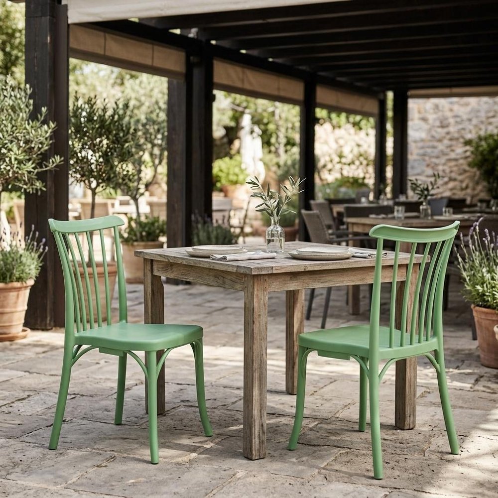 Set of Two Green Heavy Duty Plastic Outdoor Stacking Dining Chairs