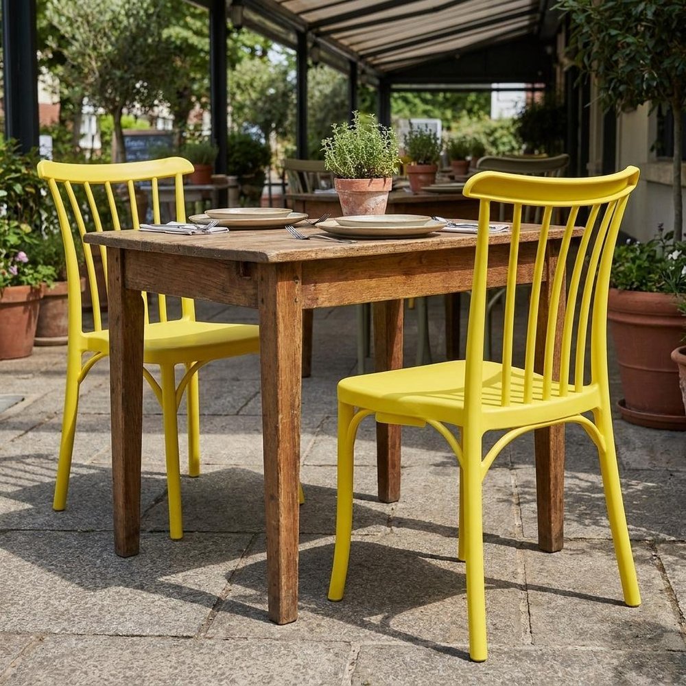 Set of Two Yellow Heavy Duty Plastic Outdoor Stacking Dining Chairs