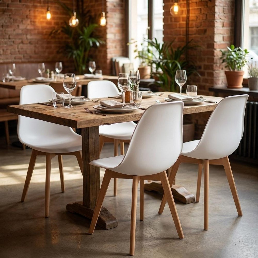Set of Four White and Natural Heavy Duty Plastic Dining Side Chairs