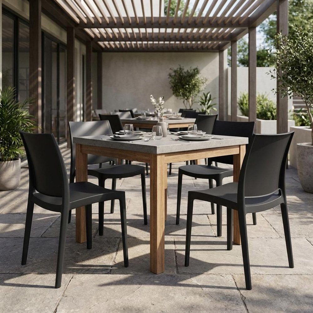 Set of Four Dark Gray Heavy Duty Plastic Outdoor Stacking Dining Chairs