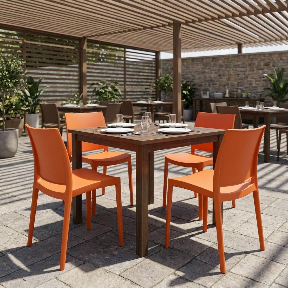 Set of Four Orange Heavy Duty Plastic Outdoor Stacking Dining Chairs