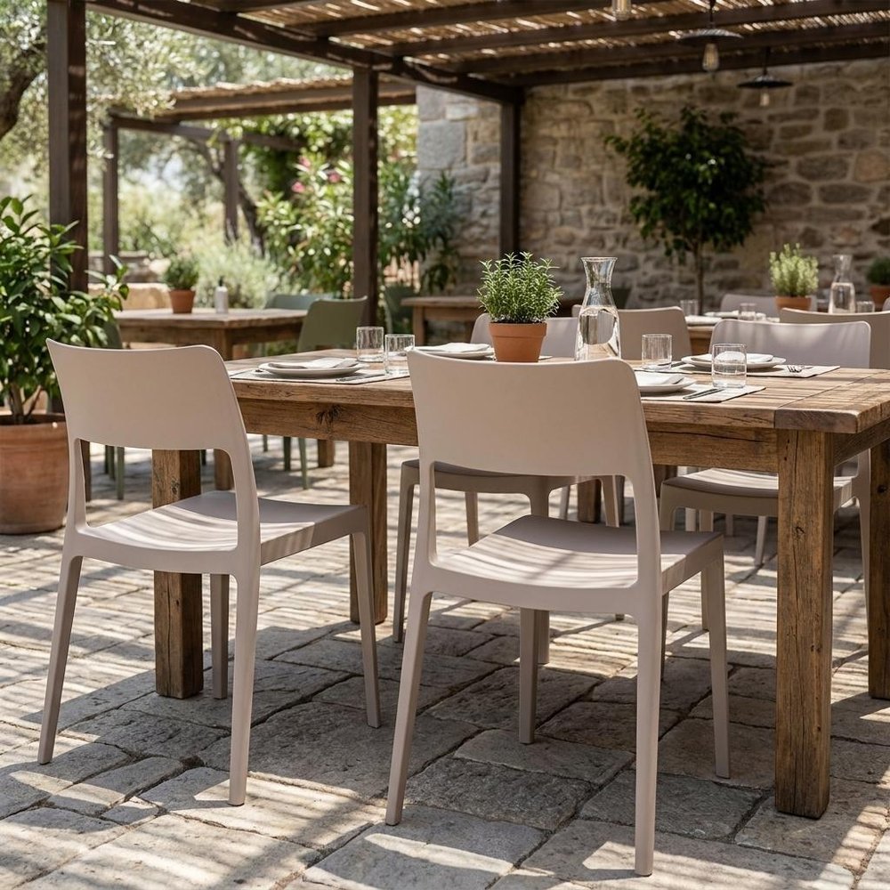 Set of Two Taupe Heavy Duty Plastic Outdoor Stacking Accent Chairs