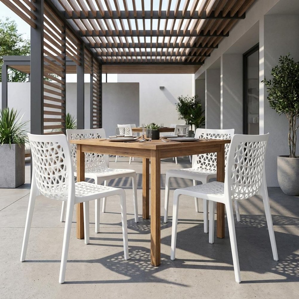 Set of Two White Heavy Duty Plastic Outdoor Stacking Dining Chairs