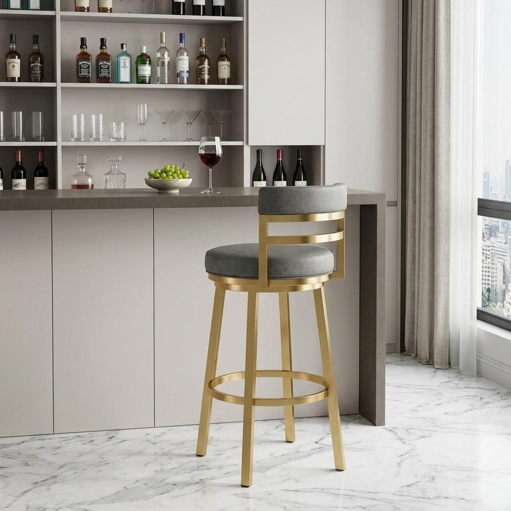 30" Gray And Gold Faux Leather And Steel Low Back Bar Height Swivel Bar Chair