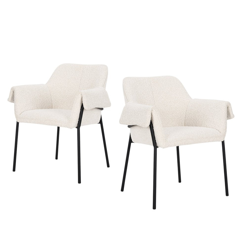 Set of Two Cream and Black Boucle Dining Arm Chairs