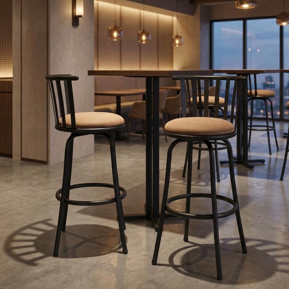 Set of Two Khaki And Black Suede And Faux Leather And Iron Low Back Adjustable Height Swivel Bar Chairs
