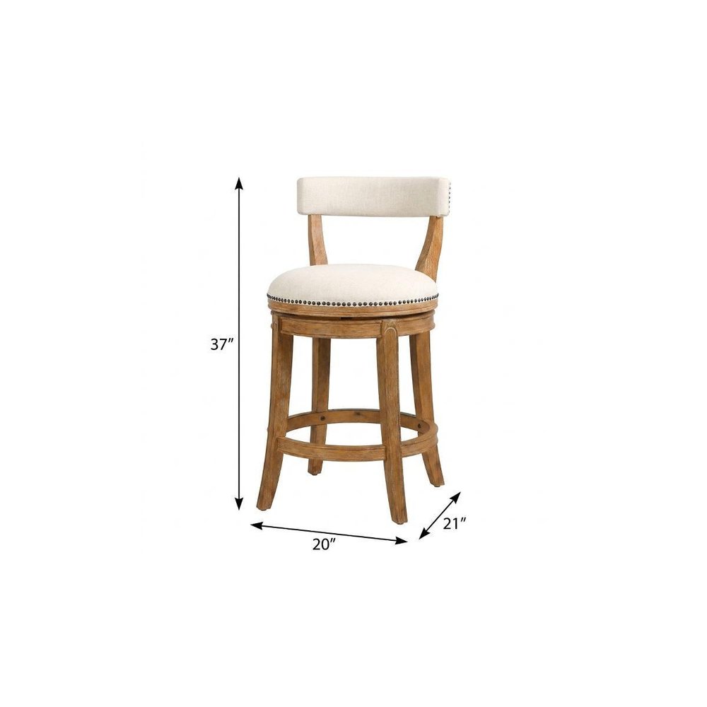 26" Linen And Brown Fabric And Solid Wood Low Back Counter Height Swivel Bar Chair